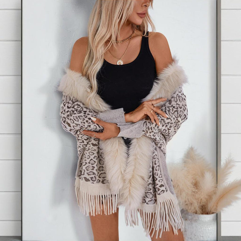 Women's Leopard Poncho With Faux Fur Collar - Fringe Hem Long Sleeve Open Front Cardigan Coat