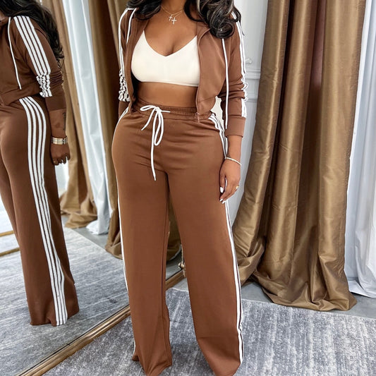 Stylish Casual Two-piece Set With A Hooded Zip-up Top