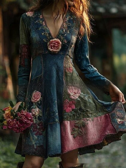 Womens Retro Bohemian Rose-Embroidered Linen Loose V-Neck Short Skirt