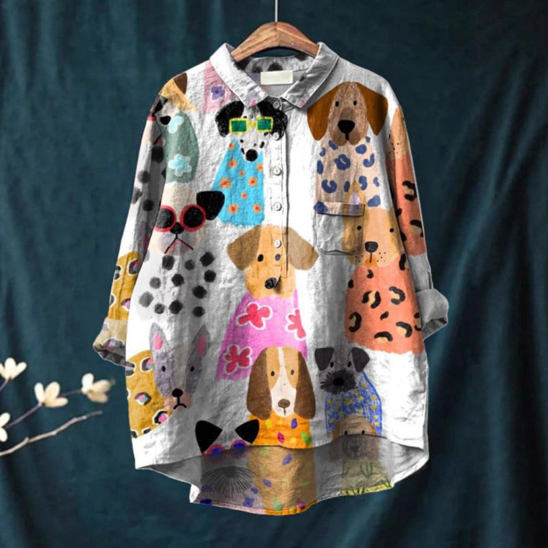 Womens Summer Loose-Fit Printed Lapel Casual European-Size Shirt