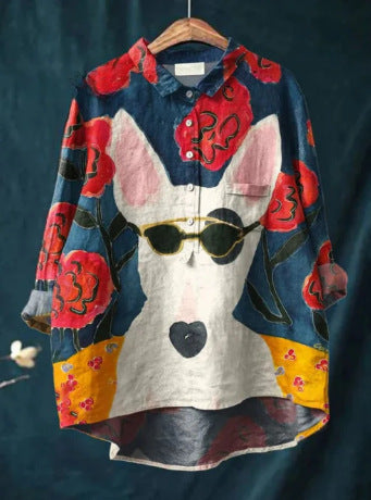 Womens Summer Loose-Fit Printed Lapel Casual European-Size Shirt