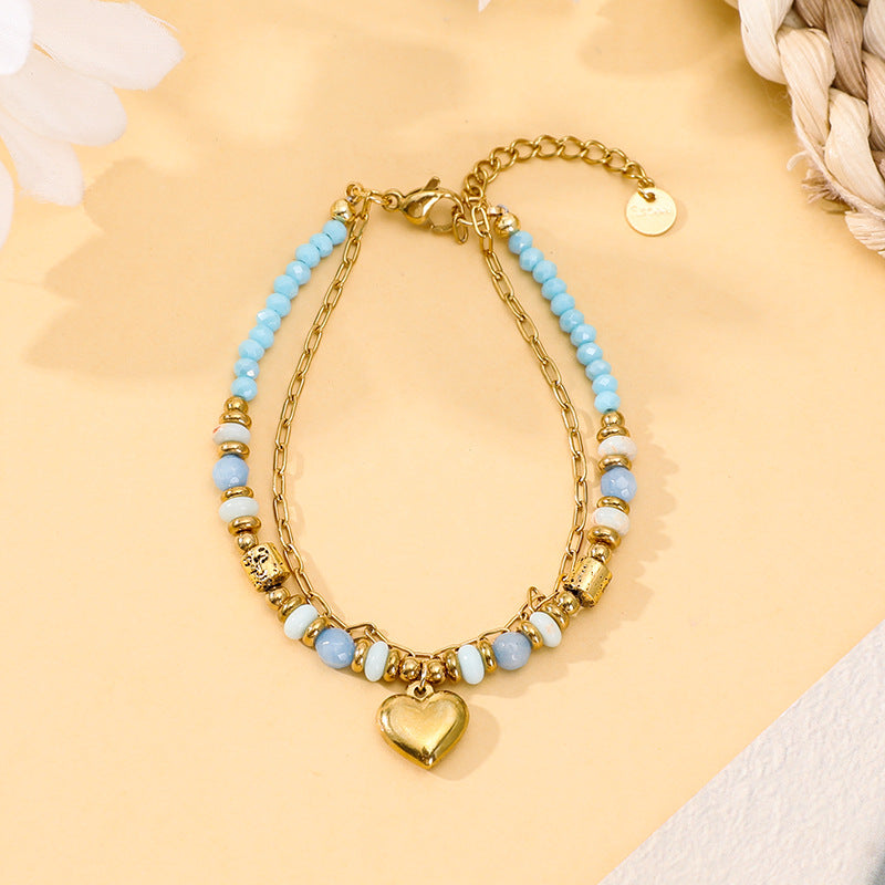 Bohemian Style Natural Stone Bead Crystal Peach Heart Bracelet