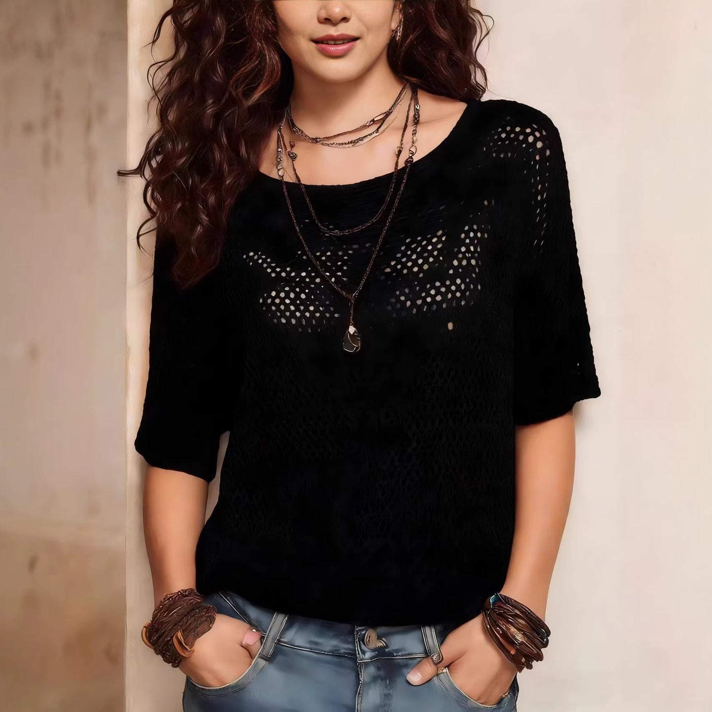 Womens Short-sleeve Knitted Openwork Beach Tunic