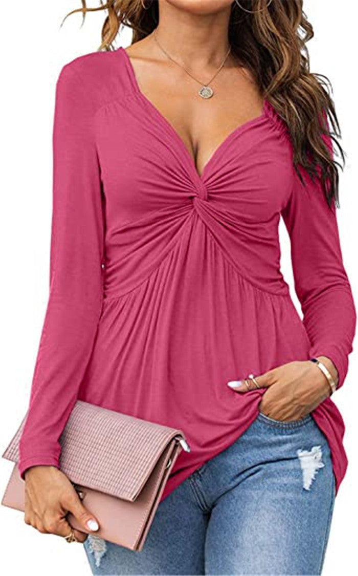 Womens V-neck Front-tie Blouse With Long Sleeves And A Pullover Design