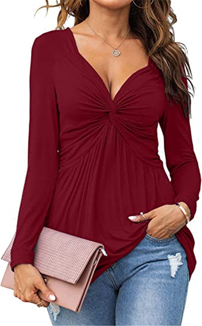 Womens V-neck Front-tie Blouse With Long Sleeves And A Pullover Design