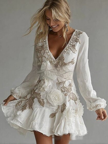 Womens Retro Bohemian Rose-Embroidered Linen Loose V-Neck Short Skirt