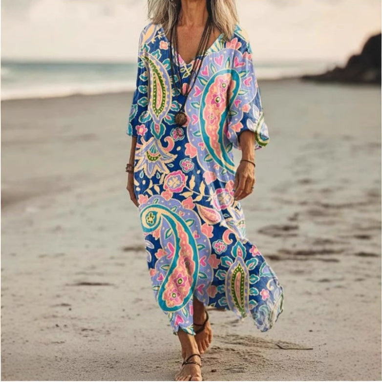 Womens Floral V-Neck Short-Sleeve Dress