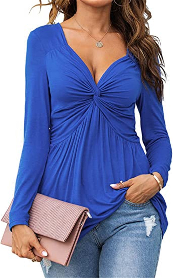 Womens V-neck Front-tie Blouse With Long Sleeves And A Pullover Design