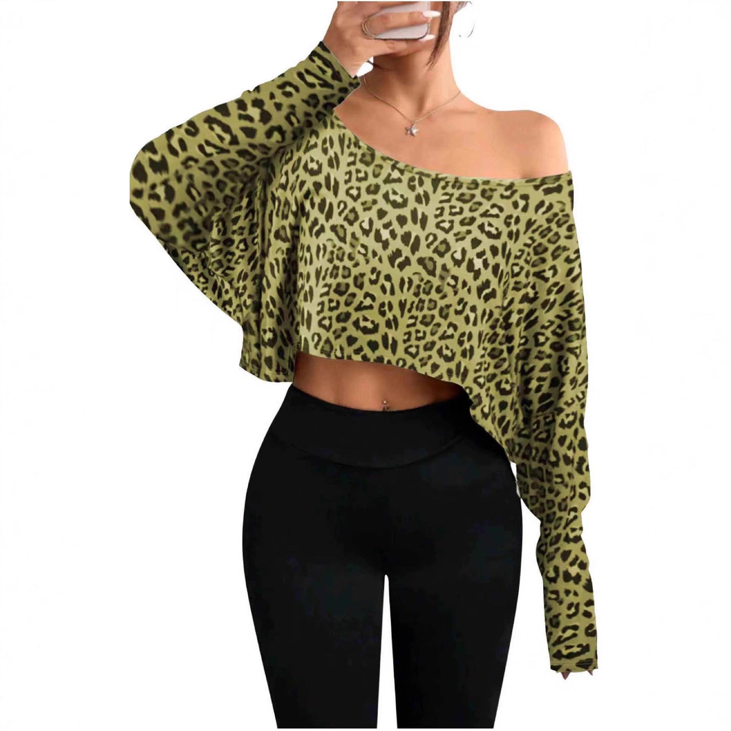 Women's Fashionable And Elegant Off-shoulder Leopard-print Top