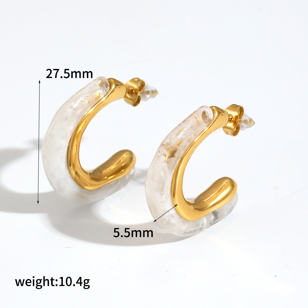 Mild Luxury Retro Resin Stainless Steel Earrings Women's High-grade Amber 18K Gold Plated Ear Clip