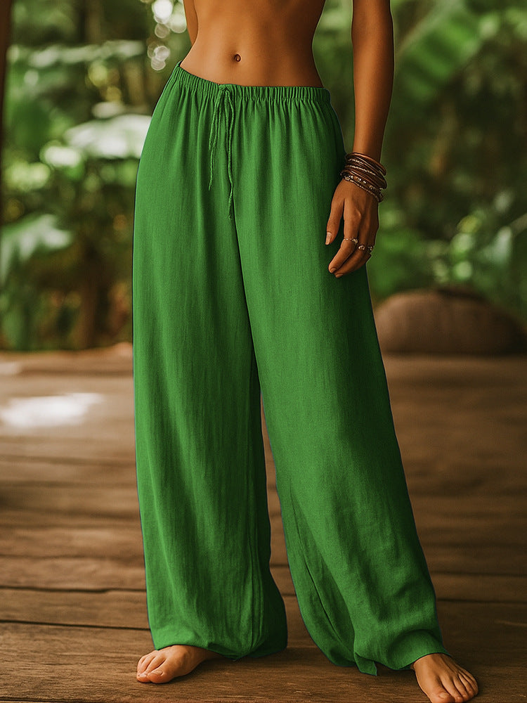 Women's Cotton And Linen Loose Pure Color Elastic Waist Pocket Straight Casual Pants