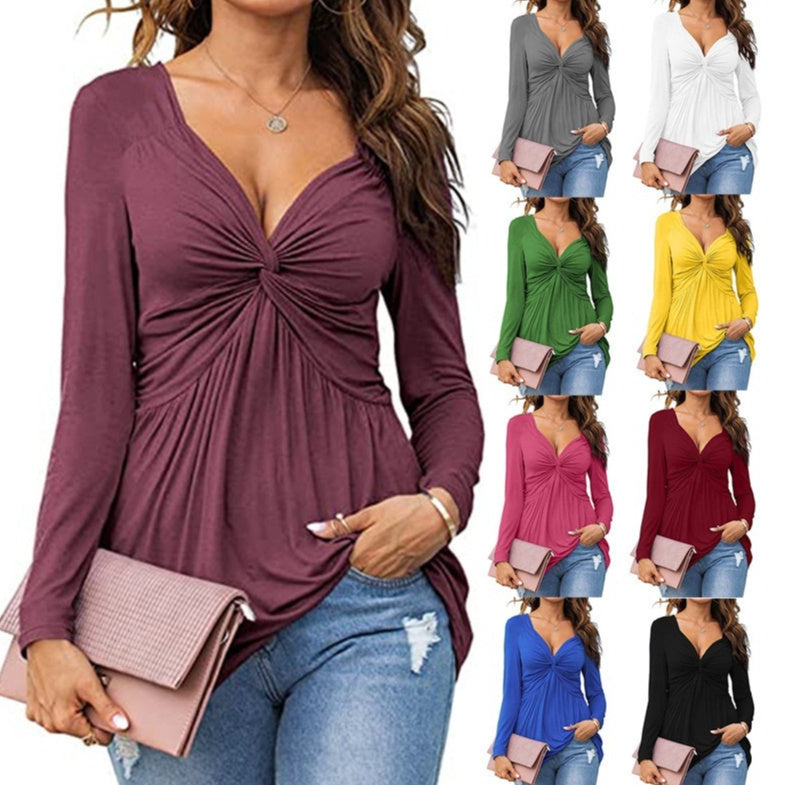Womens V-neck Front-tie Blouse With Long Sleeves And A Pullover Design