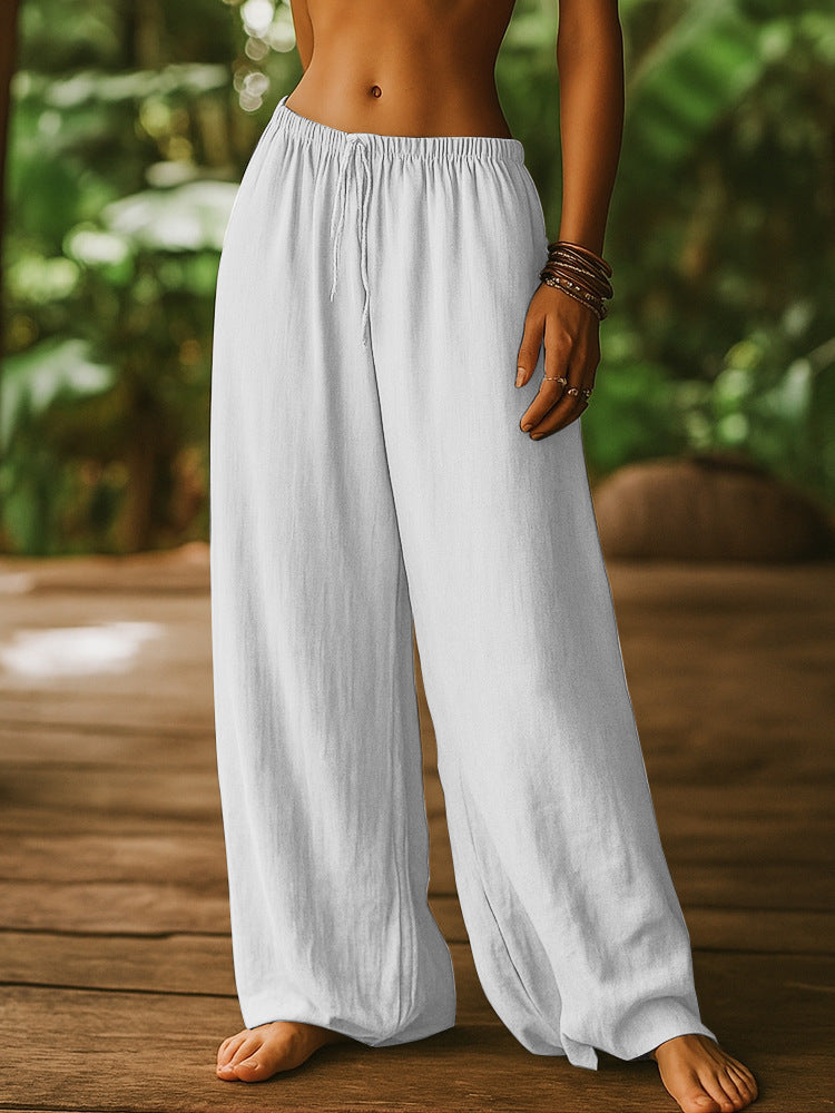 Women's Cotton And Linen Loose Pure Color Elastic Waist Pocket Straight Casual Pants