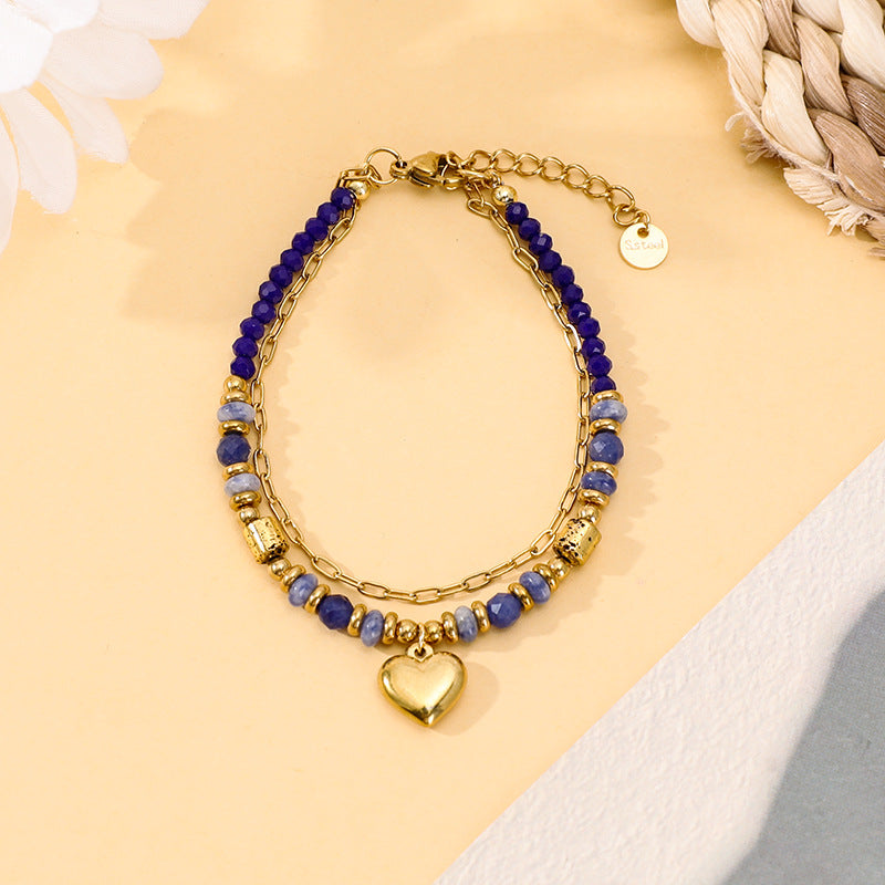 Bohemian Style Natural Stone Bead Crystal Peach Heart Bracelet