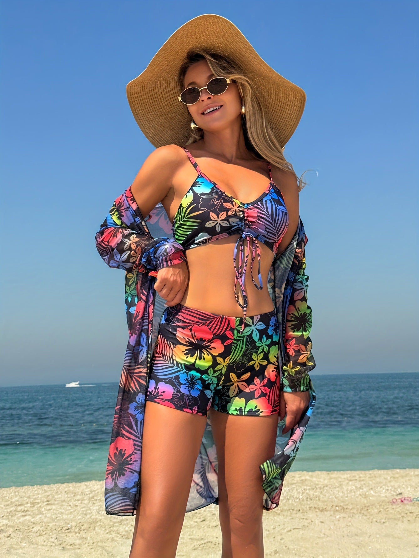 Womens Three-piece Bikini Swimsuit With Boxer-style Bottoms