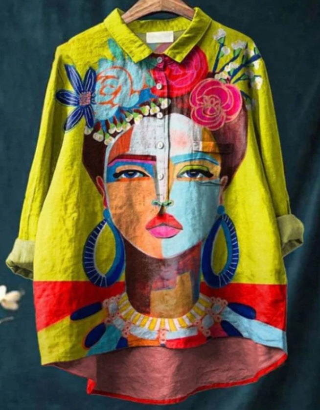 Womens Summer Loose-Fit Printed Lapel Casual European-Size Shirt