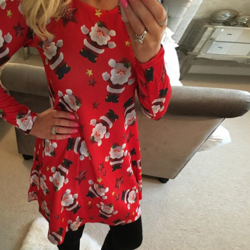 Christmas Dress Elderly Snowflake Print Long-sleeved Skirt