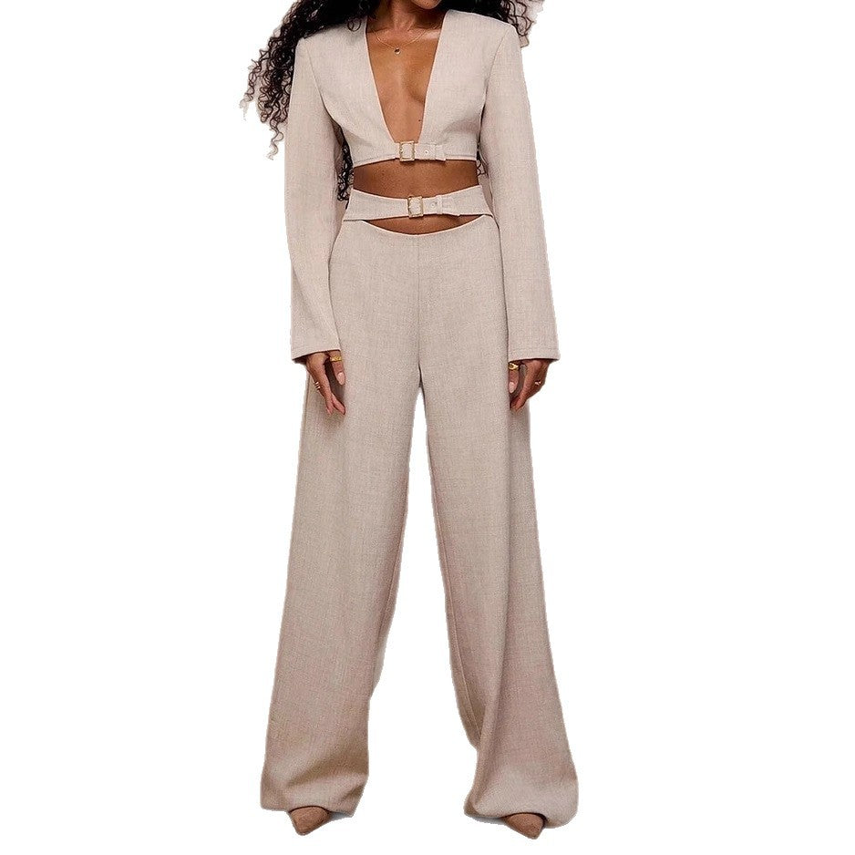 Womens Waist-revealing Straight-leg Pants And Long-sleeve Top Set