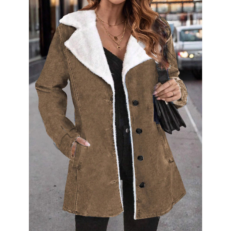 Women's Solid Color Plush Lapel Mid-length Coat