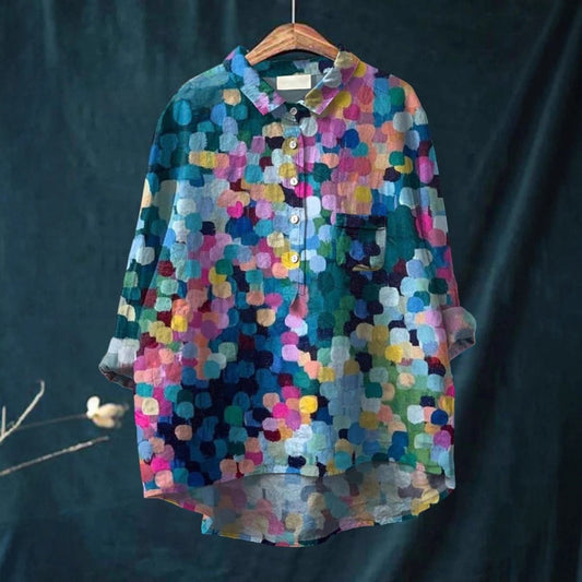 Womens Summer Loose-Fit Printed Lapel Casual European-Size Shirt