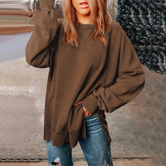 Solid-color Pullover Crewneck Sweatshirt Casual Versatile Style Extra-long Figure-flattering Long-sleeve Top