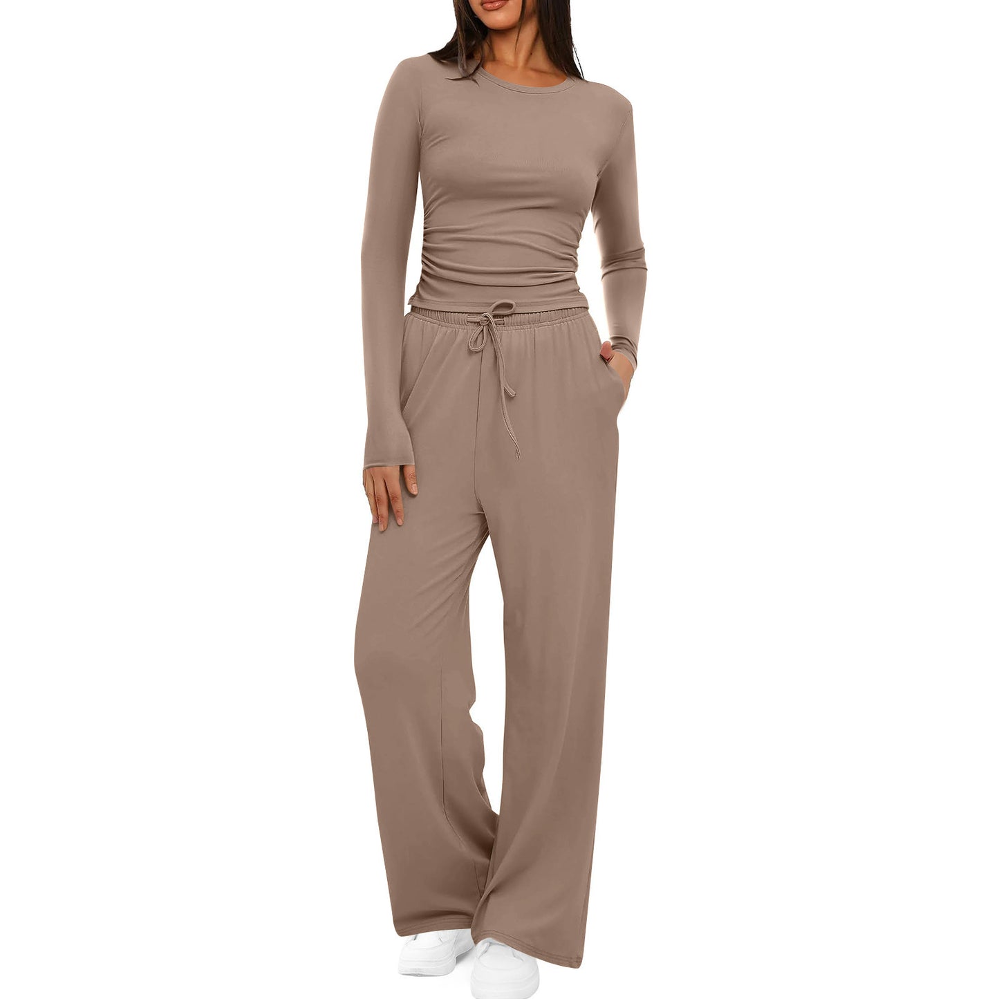 Womens Solid-Color Casual Top And Pants Set