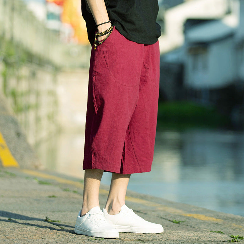 Linen Cropped Pants Mens Summer Thin Loose Plus Size
