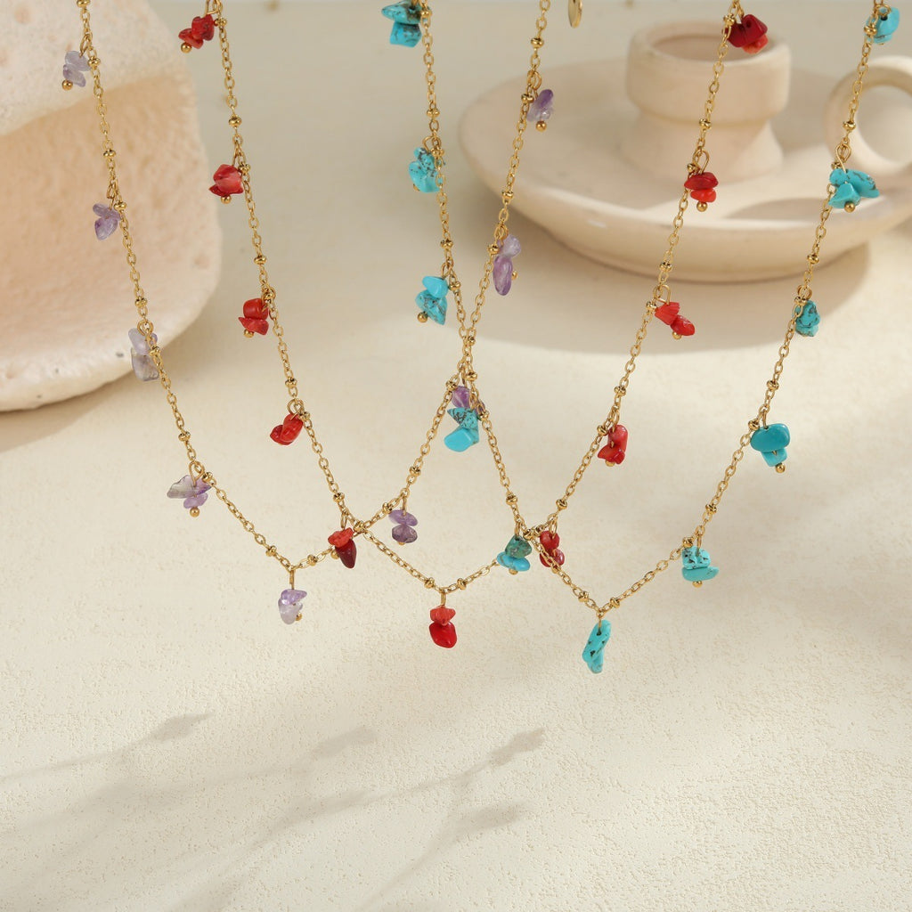Natural Stone Necklace Stainless Steel Clavicle Chain Gold-plated Turquoise Necklace