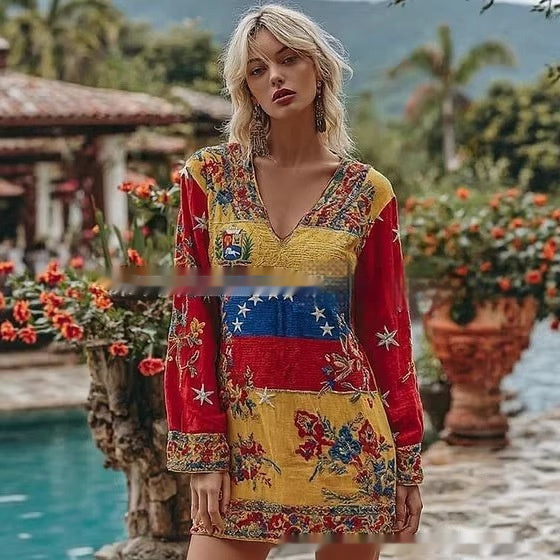 Womens Retro Bohemian Rose-Embroidered Linen Loose V-Neck Short Skirt