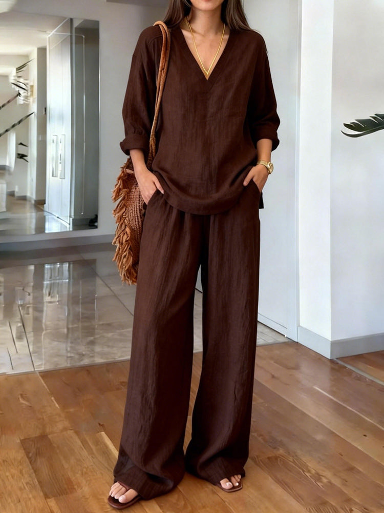 Womens Washed Cotton Multi-Color V-Neck Pullover Long-Sleeve Top And Pants Set