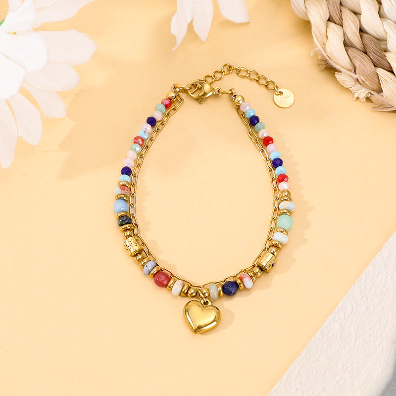 Bohemian Style Natural Stone Bead Crystal Peach Heart Bracelet