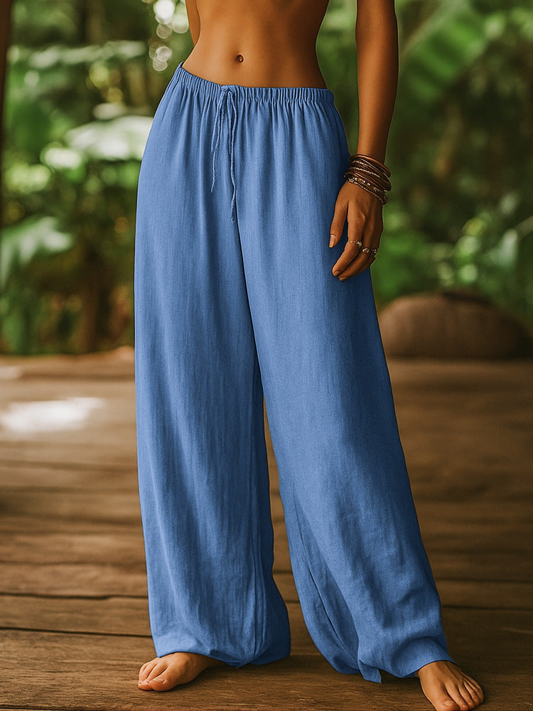 Women's Cotton And Linen Loose Pure Color Elastic Waist Pocket Straight Casual Pants