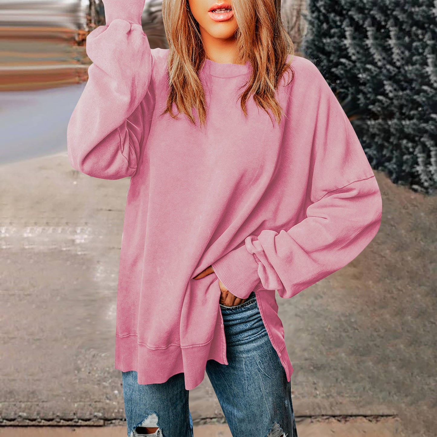 Solid-color Pullover Crewneck Sweatshirt Casual Versatile Style Extra-long Figure-flattering Long-sleeve Top