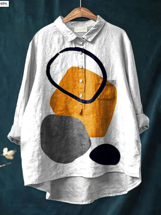 Womens Summer Loose-Fit Printed Lapel Casual European-Size Shirt