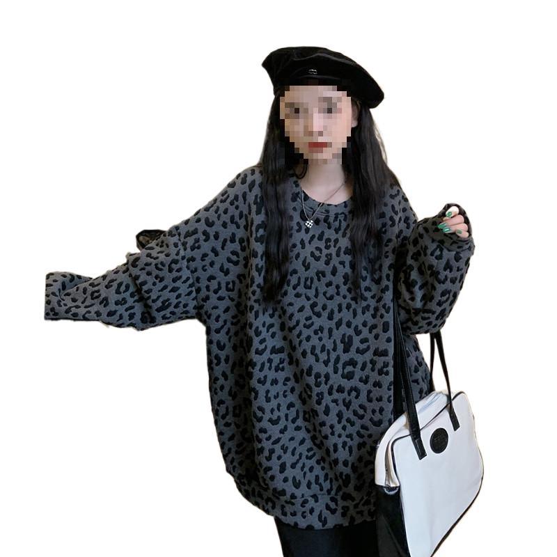 Women's Leopard-print Crewneck Fleece-lined Hoodie