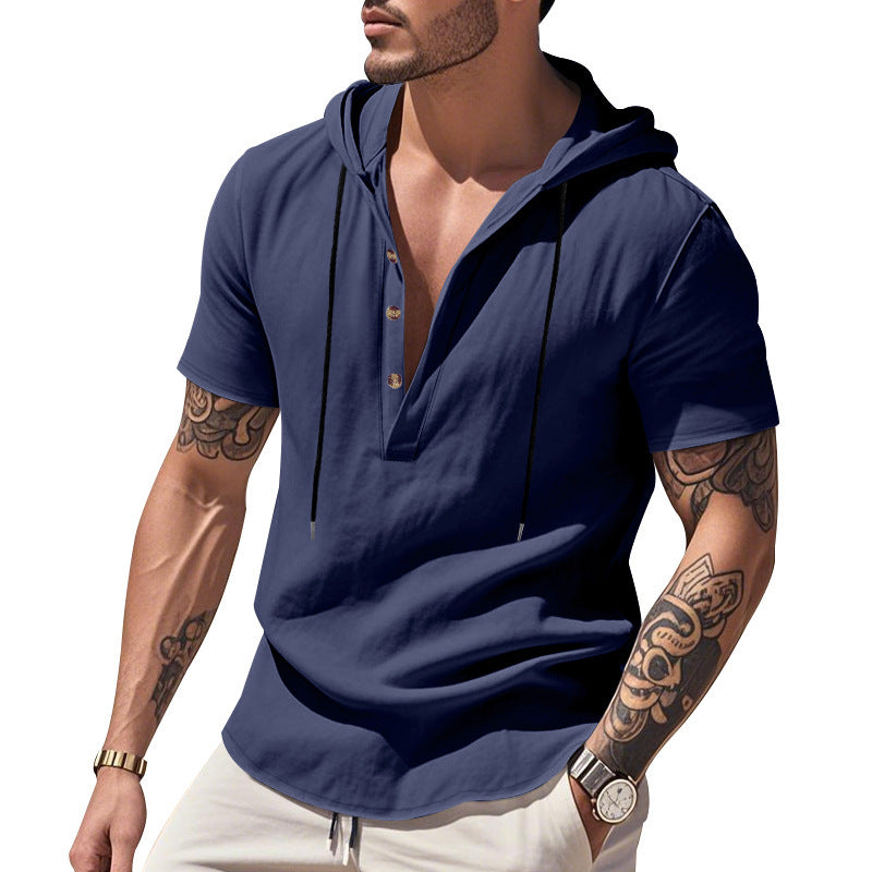Breathable Linen Hooded Henley Shirt With Short Sleeves