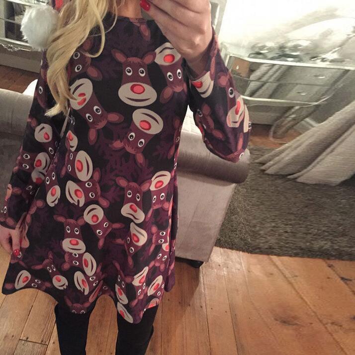 Christmas Dress Elderly Snowflake Print Long-sleeved Skirt