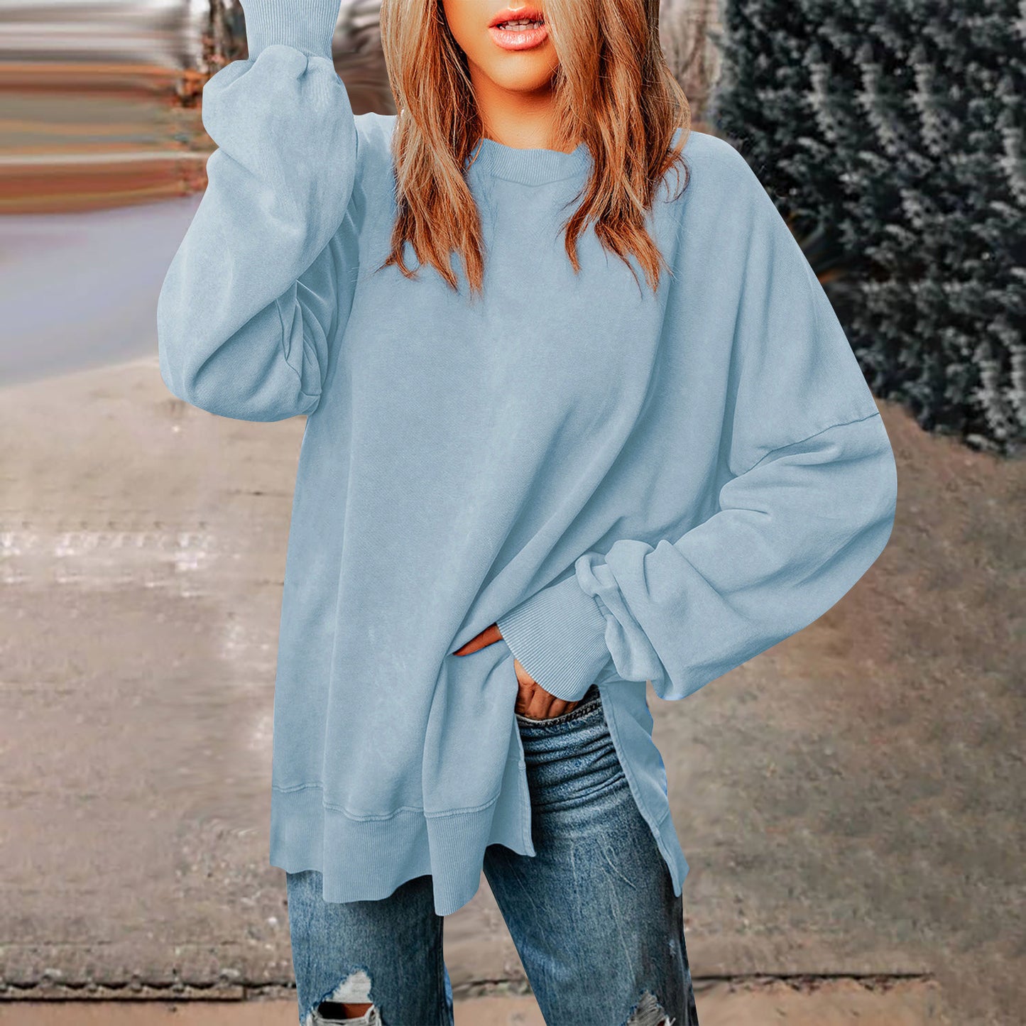 Solid-color Pullover Crewneck Sweatshirt Casual Versatile Style Extra-long Figure-flattering Long-sleeve Top