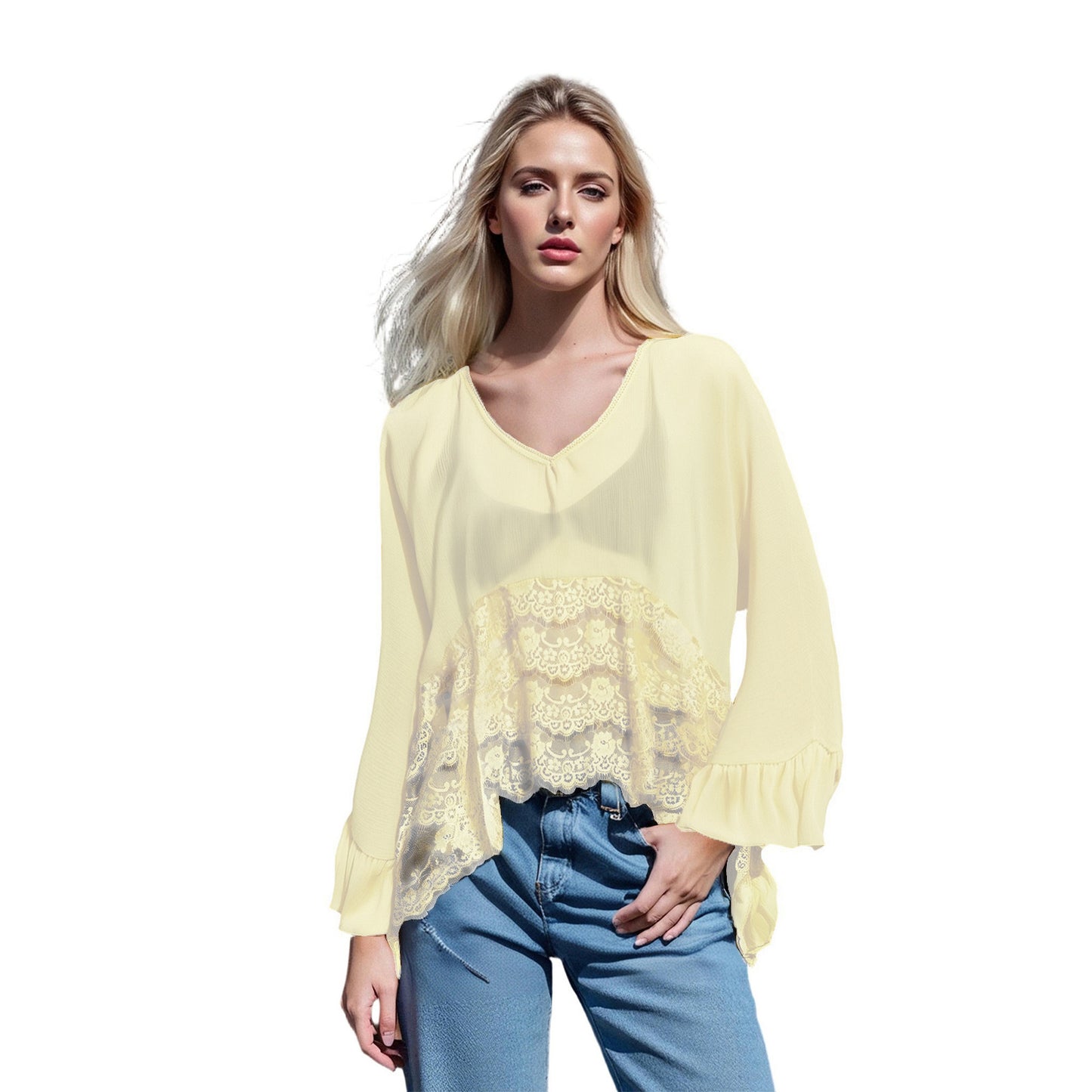 Womens Mesh Blouse With Batwing Sleeves Loose-Fit Beach Sun-Protective Top Patchwork Lace Blouse