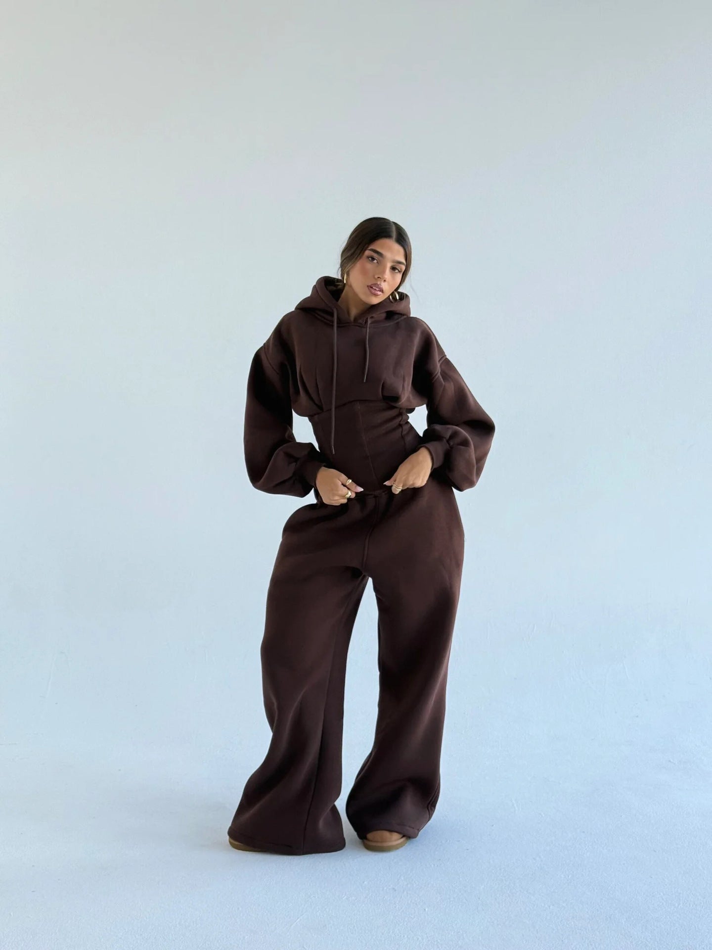 Waist Drawstring Hooded Top And Pants Two-piece Set