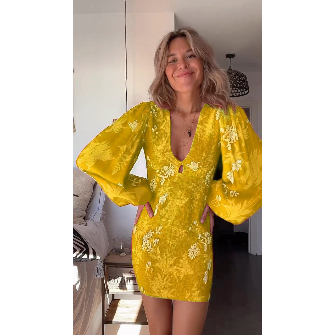 Casual Relaxed-fit Pleated Long-sleeve Sexy V-neck Dress