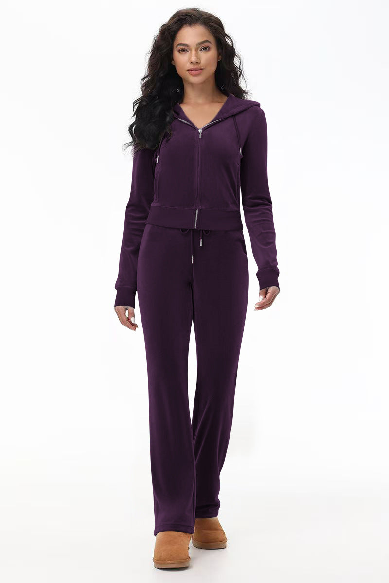 Stylish Silver Fox Fleece Hooded Cardigan Two-Piece Set