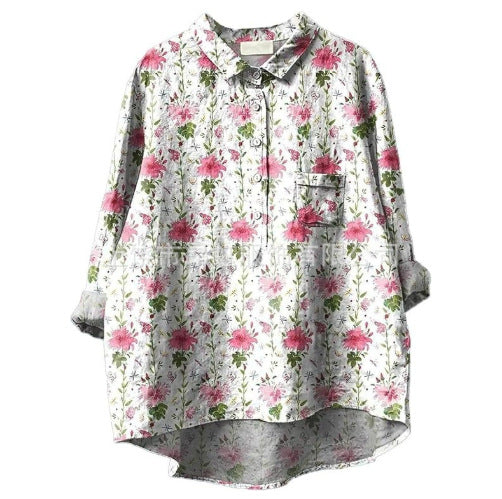Womens Summer Loose-Fit Printed Lapel Casual European-Size Shirt