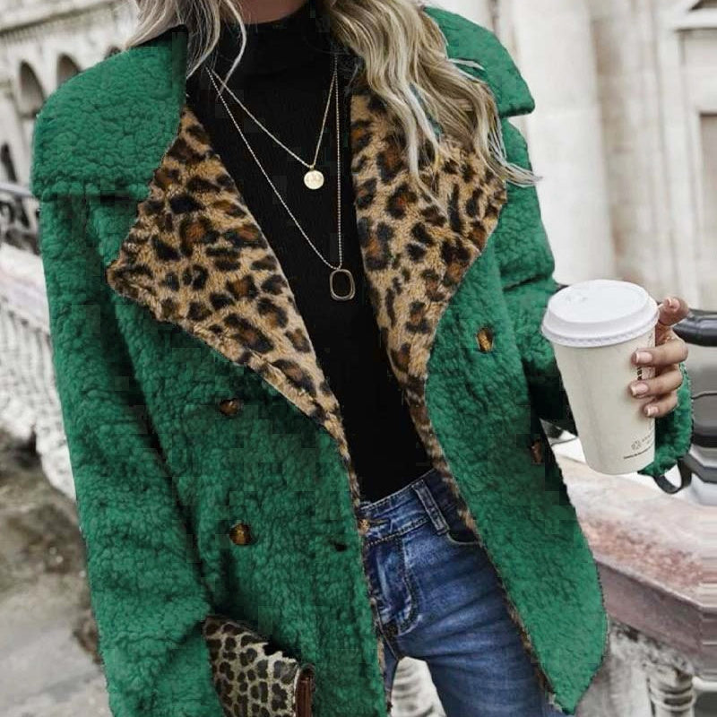 Women's Clothing Leopard Splicing Plush Long Sleeve Coat
