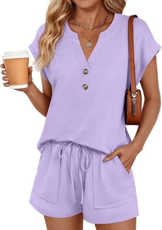 Solid-color V-neck Button-front Short-sleeve Shorts Set