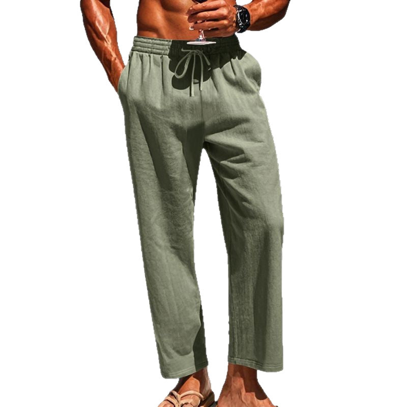 Independent Site European And American Men's Linen Mid-Waist Solid Color With Drawstring