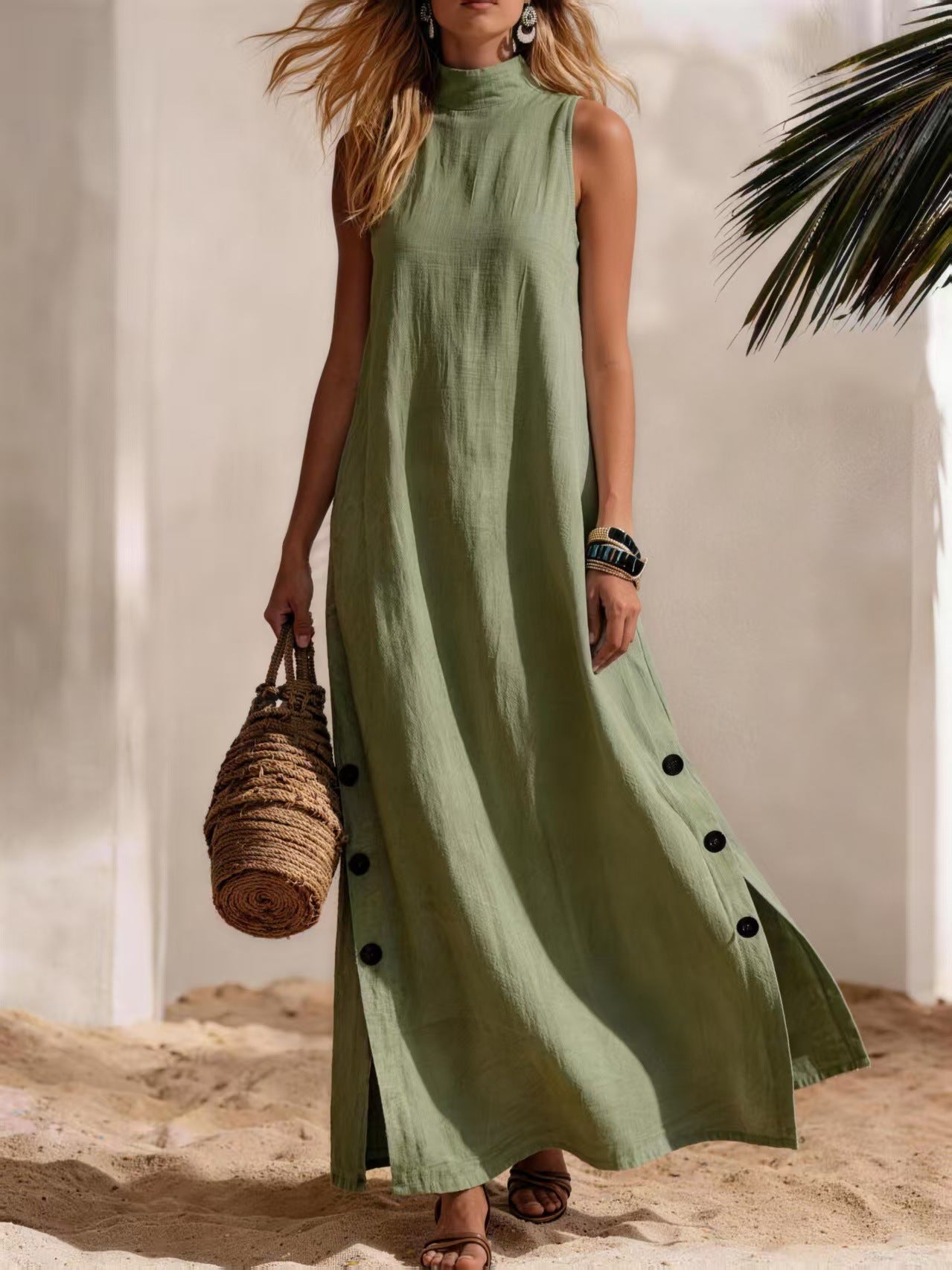 Casual Solid-Colored Cotton-Linen Sleeveless Mid-Length Dress With Side Slits