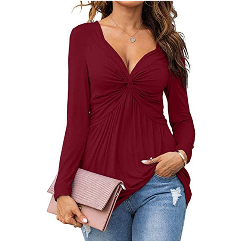 Womens V-neck Front-tie Blouse With Long Sleeves And A Pullover Design