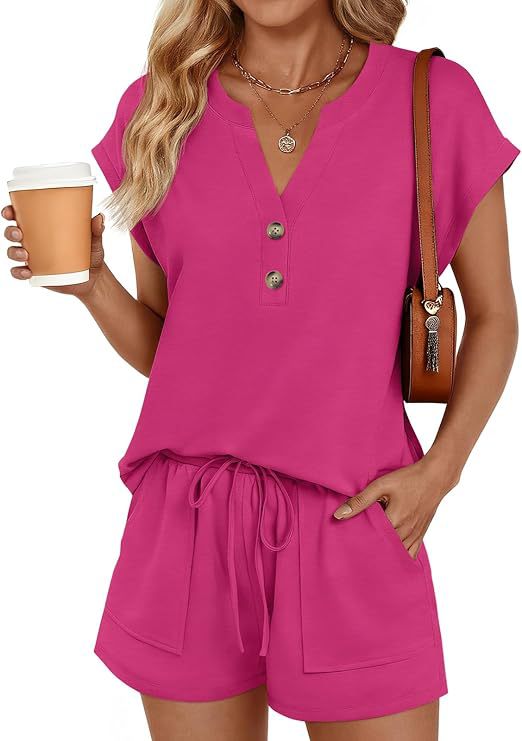 Solid-color V-neck Button-front Short-sleeve Shorts Set