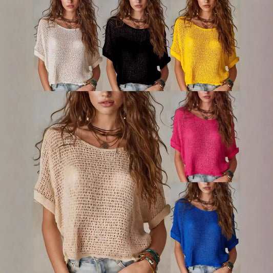 Womens Knitted Solid-Color Short-Sleeve Sweater